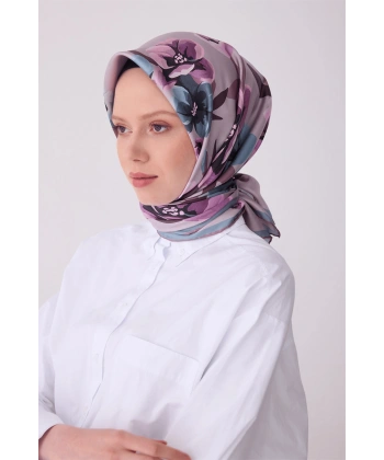 Pembe Çok Renkli Çiçek Desen %100 Twill İpek Eşarp