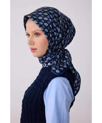 Lacivert Etnik Desen %100 Twill İpek Eşarp