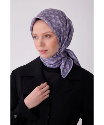 Lila Etnik Desen %100 Twill İpek Eşarp