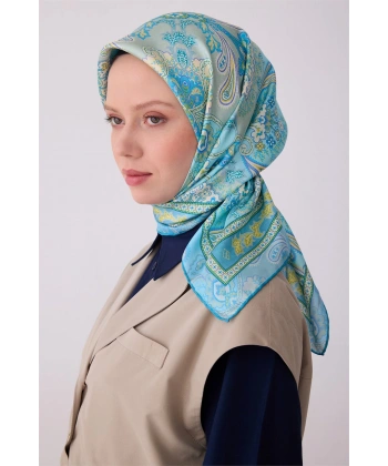 Mavi Etnik Desen %100 Twill İpek Eşarp