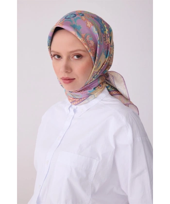 Pembe Çok Renkli Etnik Desen %100 Twill İpek Eşarp