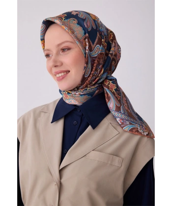 Lacivert Etnik Desen %100 Twill İpek Eşarp