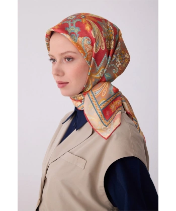 Kırmızı Etnik Desen %100 Twill İpek Eşarp