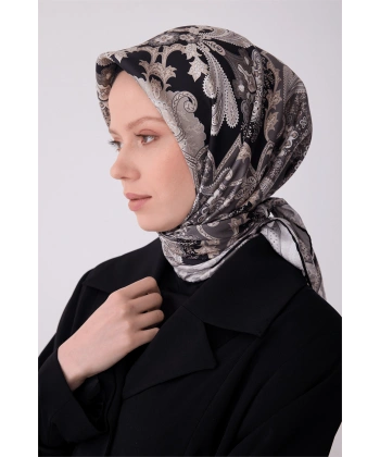 Siyah Etnik Desen %100 Twill İpek Eşarp