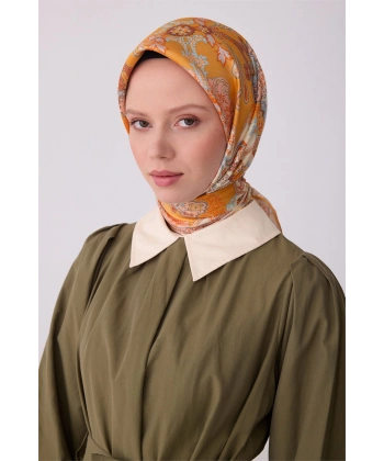 Sarı Etnik Desen %100 Twill İpek Eşarp
