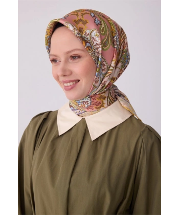 Pembe Çok Renkli Etnik Desen %100 Twill İpek Eşarp