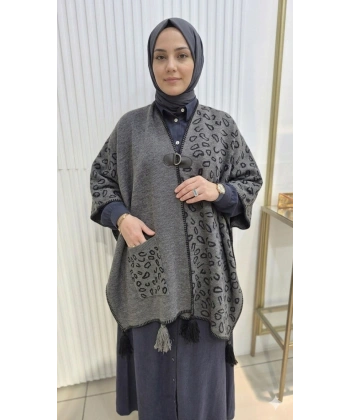 LEOPAR DESEN Püskül Detaylı GRİ Triko Panço