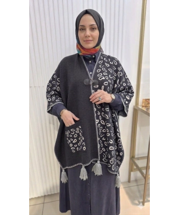 LEOPAR DESEN Püskül Detaylı LACİVERT Triko Panço