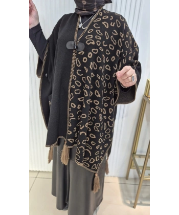 LEOPAR DESEN Püskül Detaylı SİYAH VİZON Triko Panço