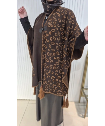 LEOPAR DESEN Püskül Detaylı ACI KAHVE Triko Panço