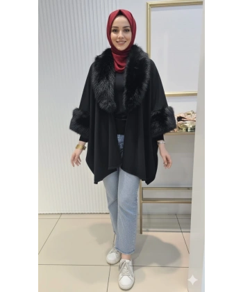 KÜRK YAKALI İTHAL SİYAH TRİKO PANÇO