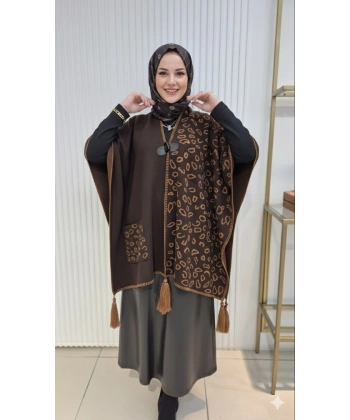 LEOPAR DESEN Püskül Detaylı ACI KAHVE Triko Panço