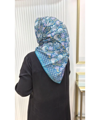 BELLİ Mavi Etnik Desen %100 Twill İpek Eşarp