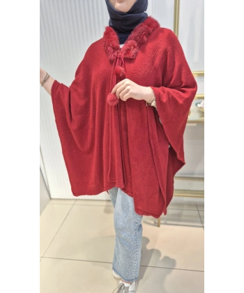 KÜRKLÜ PAŞMİNA PANÇO KIRMIZI