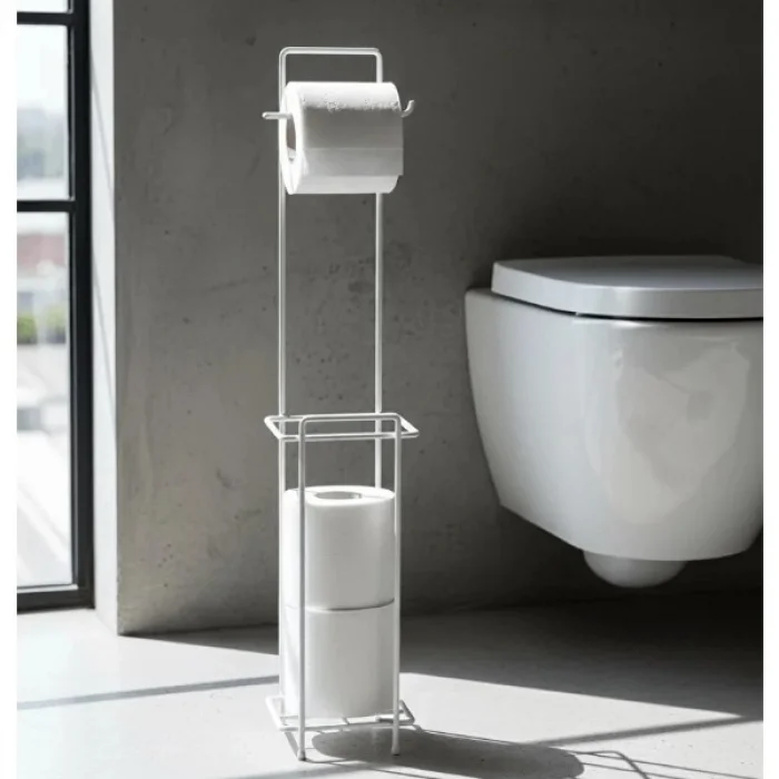 Beyaz Standlı Yedek Hazneli Tuvalet Kağıtlığı