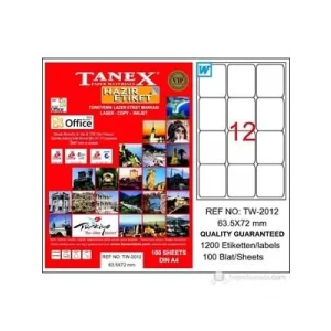 Tanex 63.5x72 Laser Etiket 100lü Tw2012