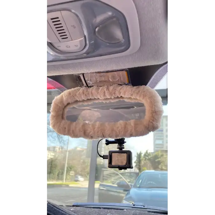 Peluş Dikiz Ayna Kılıfı Süs Bej