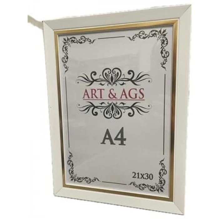 3E Grup - Art&ags A4 22 Mm Ahşap Görünümlü Çerçeve Altın Paspartulu Beyaz