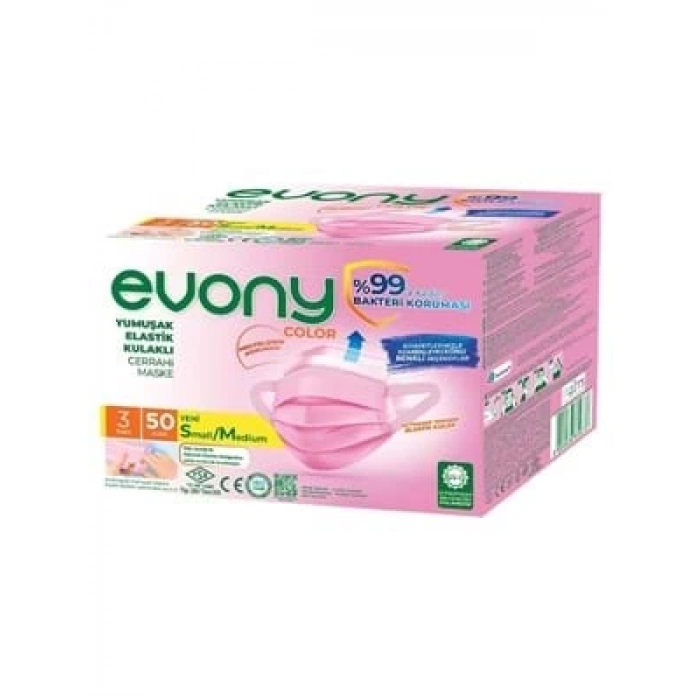 3E Grup - Evony 3 Katlı Telli Yumuşak Elastik Kulaklı Maske 50li Pembe 819737