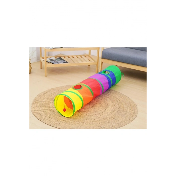 3E Grup - Gökkuşağı Desenli  Kedi Oyun Tüneli, Katlanabilir 125 cm