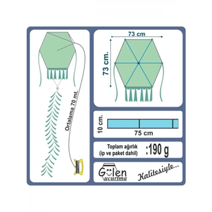 3E Grup - Gülen 73x73 Cm Kumaş Çerçeveli Altıgen Uçurtma Düz Renk Ghho-002-1