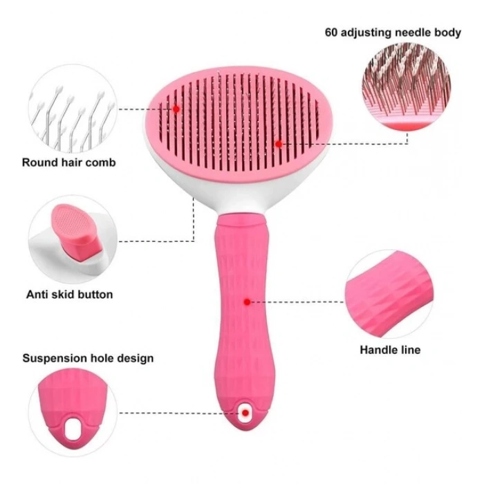 3E Grup - Karamel Pet Kendini Temizleyen Tuşlu Kedi Köpek Tarağı Pembe 10 x 20 cm