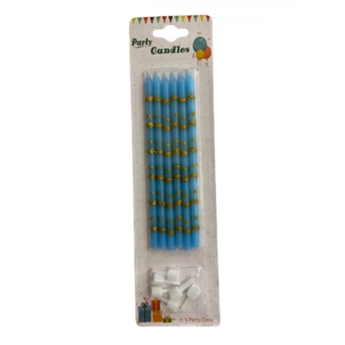 3E Grup - Nedi 13 Cm Simli Çizgili Puantiyeli Mum Altın Mavi 6lı Jg2073c-3