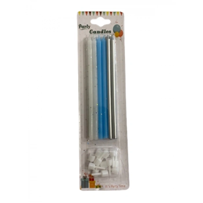 3E Grup - Nedi 13 Cm Simli Çubuk Mum 6lı Beyaz-mavi-gümüş Jg2007c-15