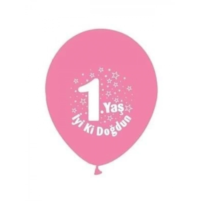 3E Grup - Nedi Party Marty Baskılı Balon 1 Yaş İyi Ki Doğdun Pembe 16lı Pm-12159