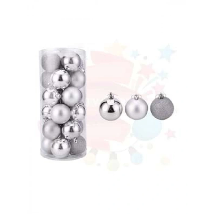 3E Grup - Nedi Yılbaşı Top Süs 6 Cm Mat-metalik-simli Gümüş 24lü 6024s