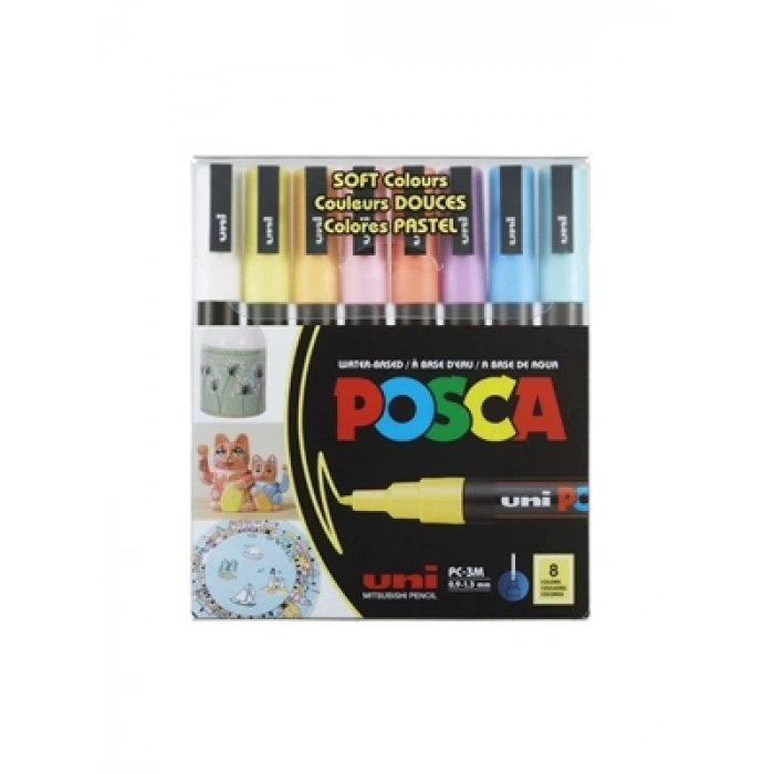 3E Grup - Uni Posca 0.9-1.3 Su Bazlı Markör Kalem Soft Renkler 8li Pc-3m 8c