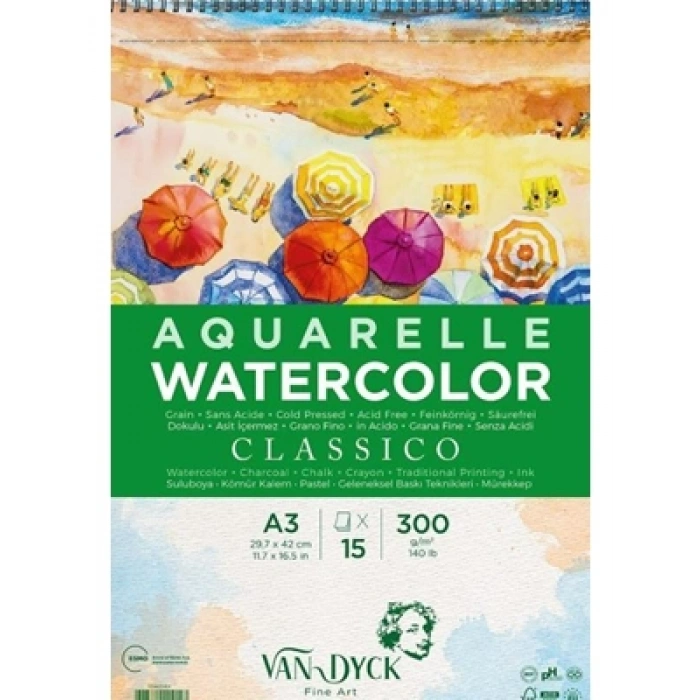 3E Grup - Van Dyck A3 300 Gr 15sy Classico Spiralli Çok Amaçlı Çizim Bloğu Vd420414
