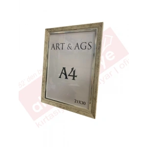 3E Grup - Art&ags A4 22 Mm Ahşap Görünümlü Çerçeve Gümüş Paspartulu Eskitmeli Krem