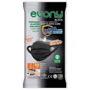 3E Grup - Evony 3 Katlı Telli Yumuşak Elastik Kulaklı Maske 10lu Siyah