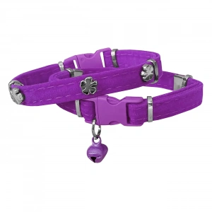 3E Grup - Markapet Kadife Kedi Boyun Tasması Yoncalı 20-32 cm Mor