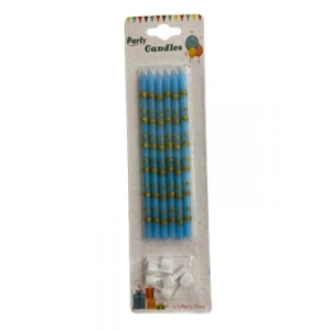 3E Grup - Nedi 13 Cm Simli Çizgili Puantiyeli Mum Altın Mavi 6lı Jg2073c-3