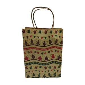3E Grup - Nedi 26x33 Cm Büküm Saplı Kraft Çanta Çam Ağacı Baskılı 10040-3