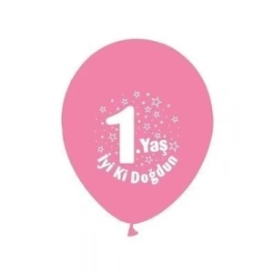 3E Grup - Nedi Party Marty Baskılı Balon 1 Yaş İyi Ki Doğdun Pembe 16lı Pm-12159