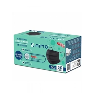 3E Grup - Nimo 3 Katlı Meltblown Filtreli Tek Kullanımlık Cerrahi Maske 50li Siyah