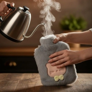 Papyonlu Kedi Figürlü Mavi Peluş Sıcak Su Torbası 1 Litre