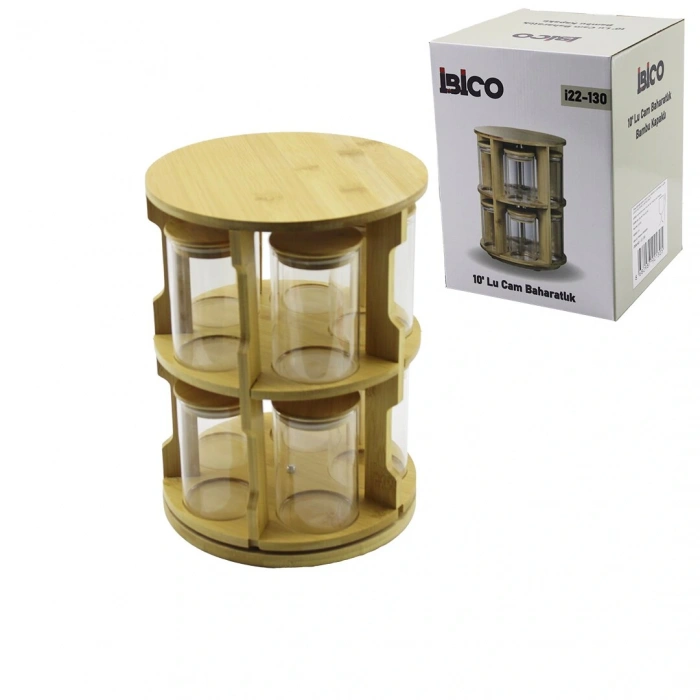 10 PCS YUVARLAK - DÖNER STANDLI CAM - BAMBU KAPAK TUZLUK - BAHARATLIK BAMBU STAND (5250)