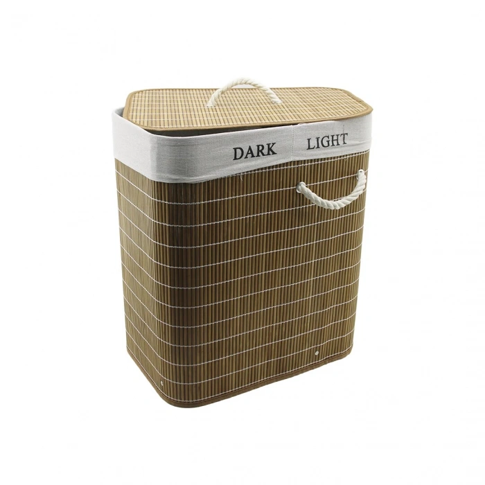 BAMBU AHŞAP KİRLİ ÇAMAŞIR SEPETİ 30X44CM SEYYAR KAPAKLI İÇİ BEZLİ İP KULPLU (5250)