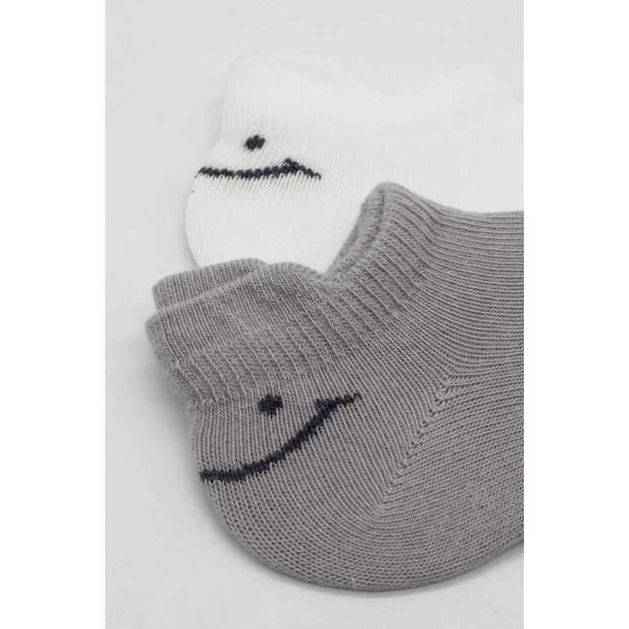 Bistyle 2Li Sneakers Smile Penye Çorap BS20106 Gri Ekru