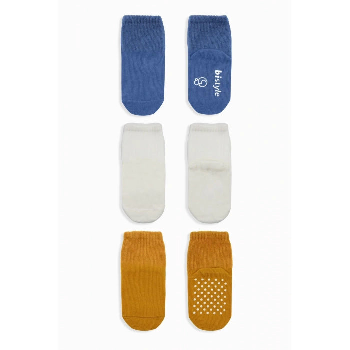 Bistyle Basic Kaymaz Penye Soket Çorap 3Lü BS10106 İndigo Ekru Hardal