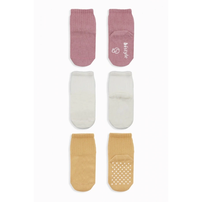 Bistyle Basic Kaymaz Penye Soket Çorap 3Lü BS10106 Pudra Ekru Somon