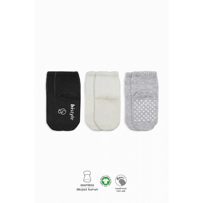 Bistyle Basic Kaymaz Penye Soket Çorap 3Lü BS10106 Siyah Ekru Gri