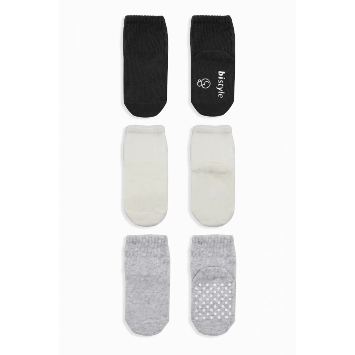Bistyle Basic Kaymaz Penye Soket Çorap 3Lü BS10106 Siyah Ekru Gri