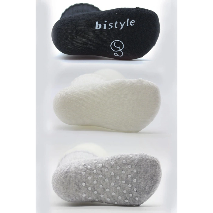 Bistyle Basic Kaymaz Penye Soket Çorap 3Lü BS10106 Siyah Ekru Gri