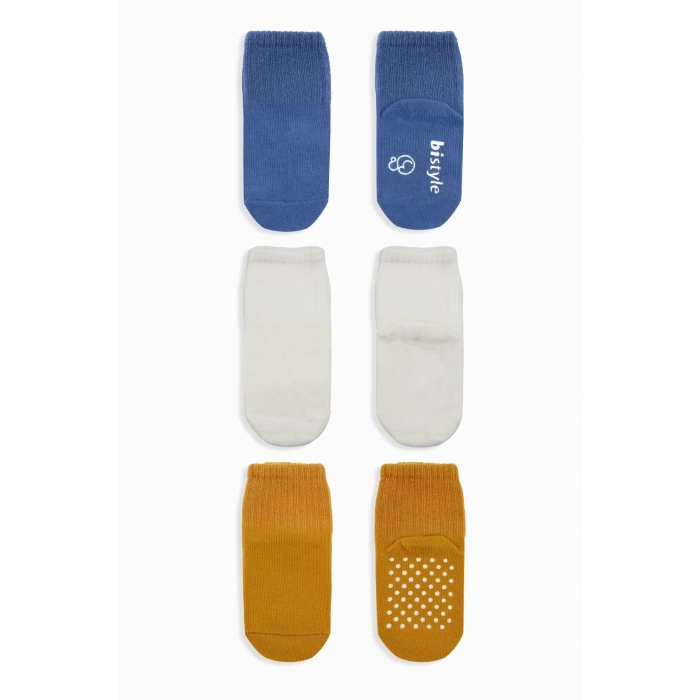 Bistyle Basic Kaymaz Penye Soket Çorap 3Lü BS10107 İndigo Ekru Hardal