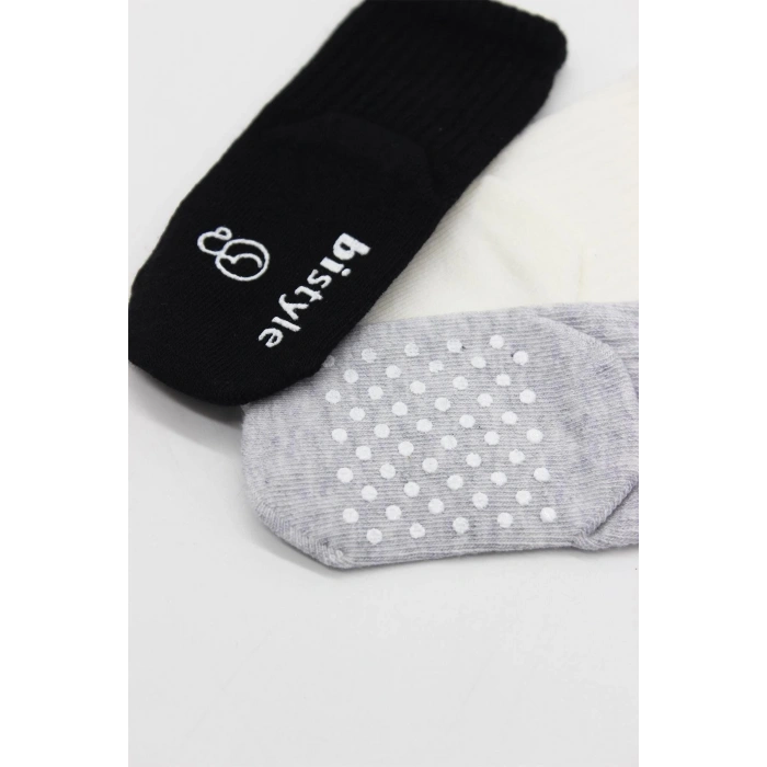 Bistyle Basic Kaymaz Penye Soket Çorap 3Lü BS10107 Siyah Ekru Gri